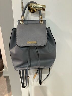 Gray Leather Drawstring Backpack with Gold Accents